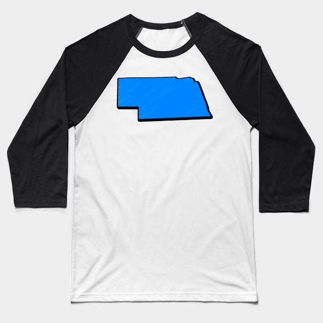 Bright Blue Nebraska Outline Baseball T-Shirt by Mookle